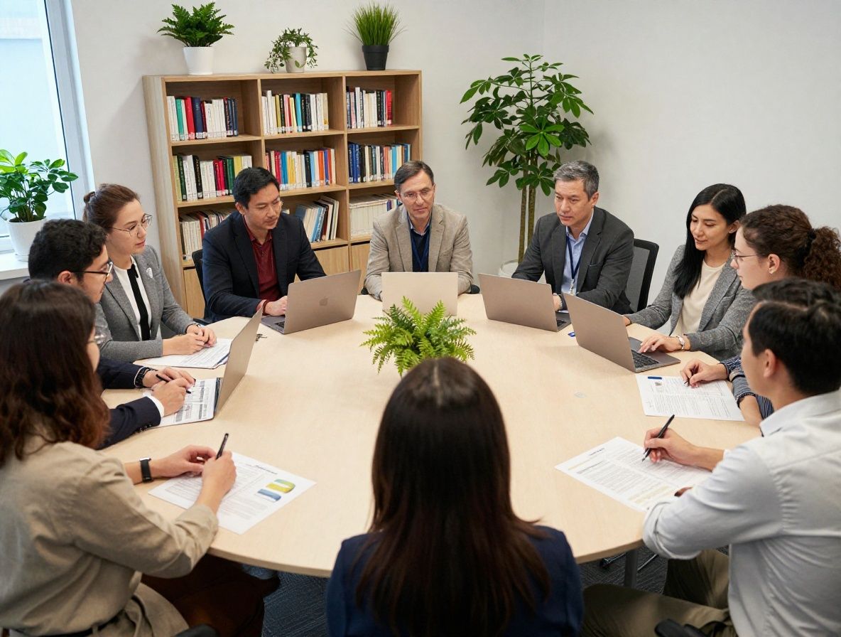 Команда психологов за круглым рабочим столом обсуждает образовательные материалы, светлый современный офис с растениями и книгами на полках