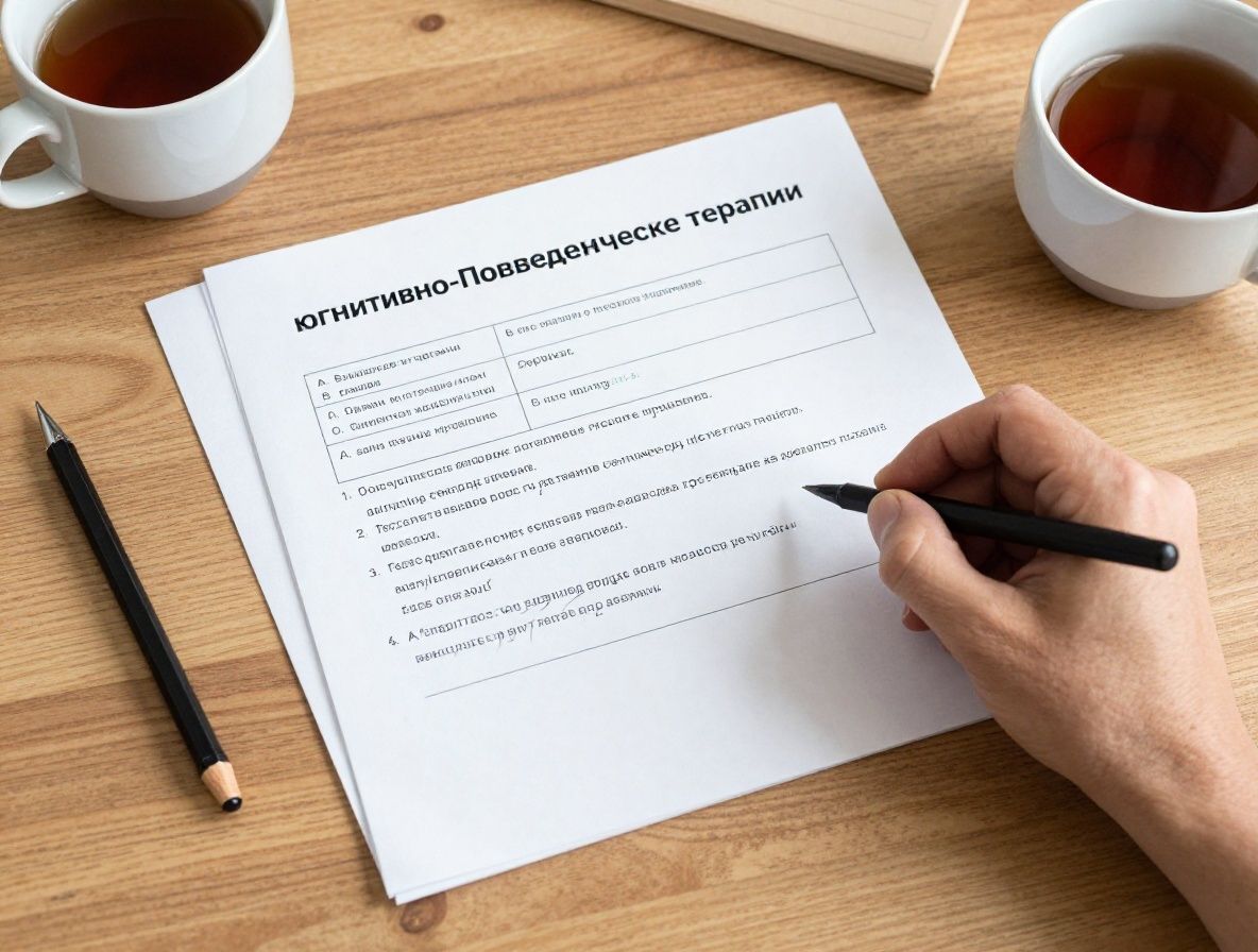 Психолог и пациент работают с листом когнитивных записей, на столе тетрадь и аккуратно разложенные рабочие листы КПТ