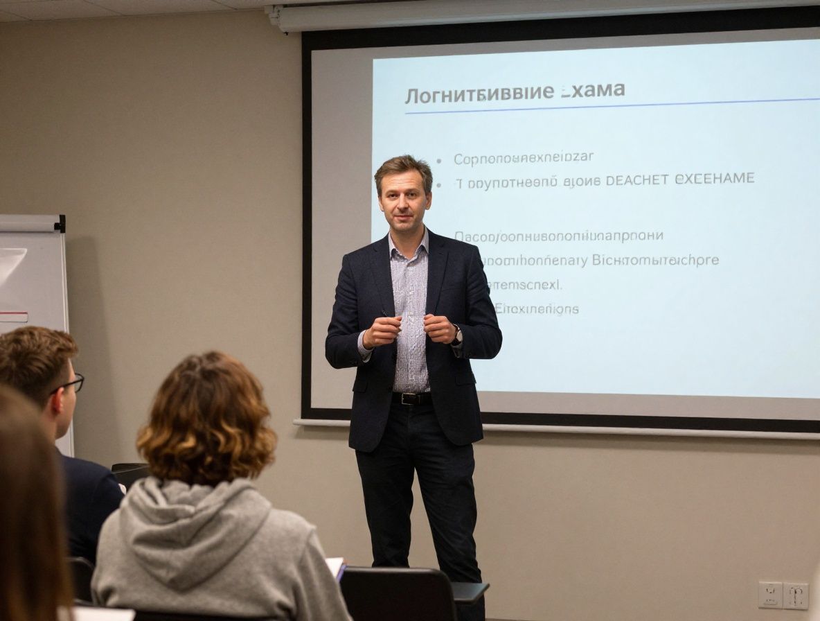 Лектор в уютной аудитории объясняет когнитивные схемы на белой доске, студенты внимательно конспектируют