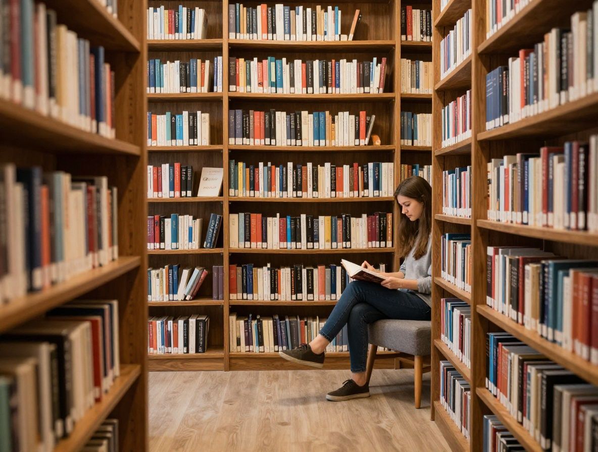 Светлая библиотека психологии с деревянными стеллажами, удобными креслами и мягким естественным освещением, создающая атмосферу спокойного обучения