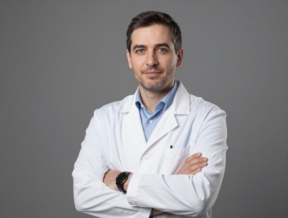 Женщина-психолог средних лет с каштановыми волосами в профессиональном деловом пиджаке, уверенная улыбка, светлый офис на фоне