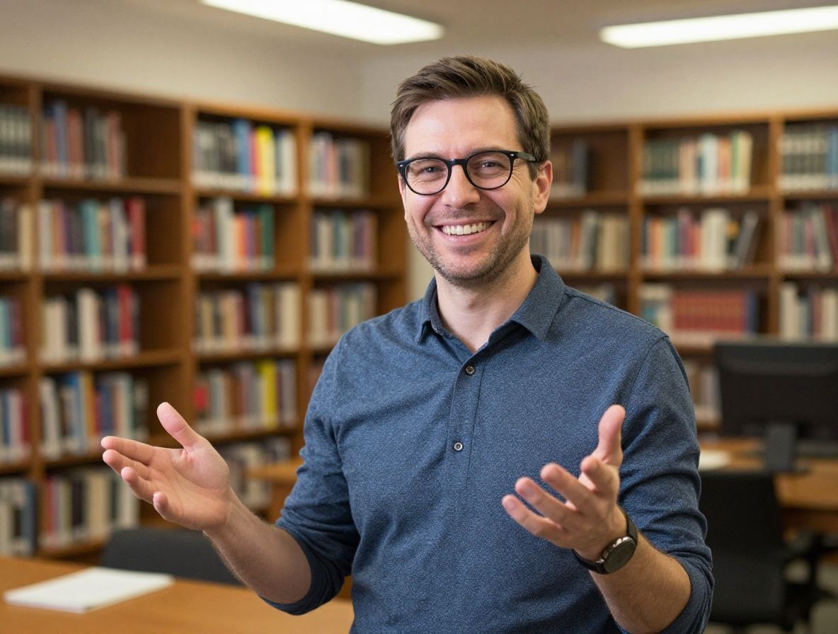 Мужчина-психолог в очках и мягком свитере, дружелюбная открытая улыбка, академическая библиотека на заднем плане